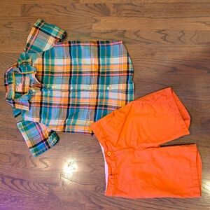 Plaid Shirt and Orange Shorts Set